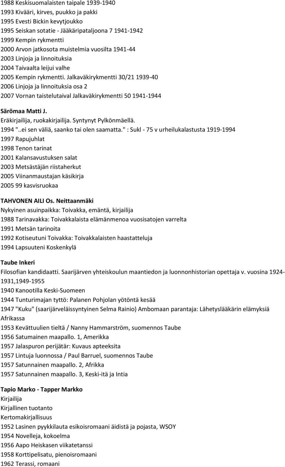 Jalkaväkirykmentti 30/21 1939-40 2006 Linjoja ja linnoituksia osa 2 2007 Vornan taistelutaival Jalkaväkirykmentti 50 1941-1944 Särömaa Matti J. Eräkirjailija, ruokakirjailija. Syntynyt Pylkönmäellä.