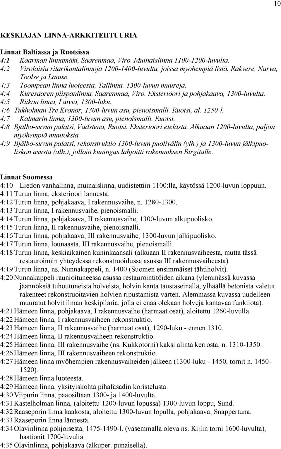 4:4 Kuresaaren piispanlinna, Saarenmaa, Viro. Eksteriööri ja pohjakaava, 1300-luvulta. 4:5 Riikan linna, Latvia, 1300-luku. 4:6 Tukholman Tre Kronor, 1300-luvun asu, pienoismalli. Ruotsi, al. 1250-l.