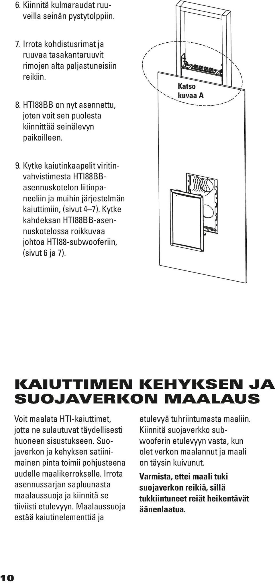 Kytke kaiutinkaapelit viritinvahvistimesta HTI88BBasennuskotelon liitinpaneeliin ja muihin järjestelmän kaiuttimiin, (sivut 4 7).