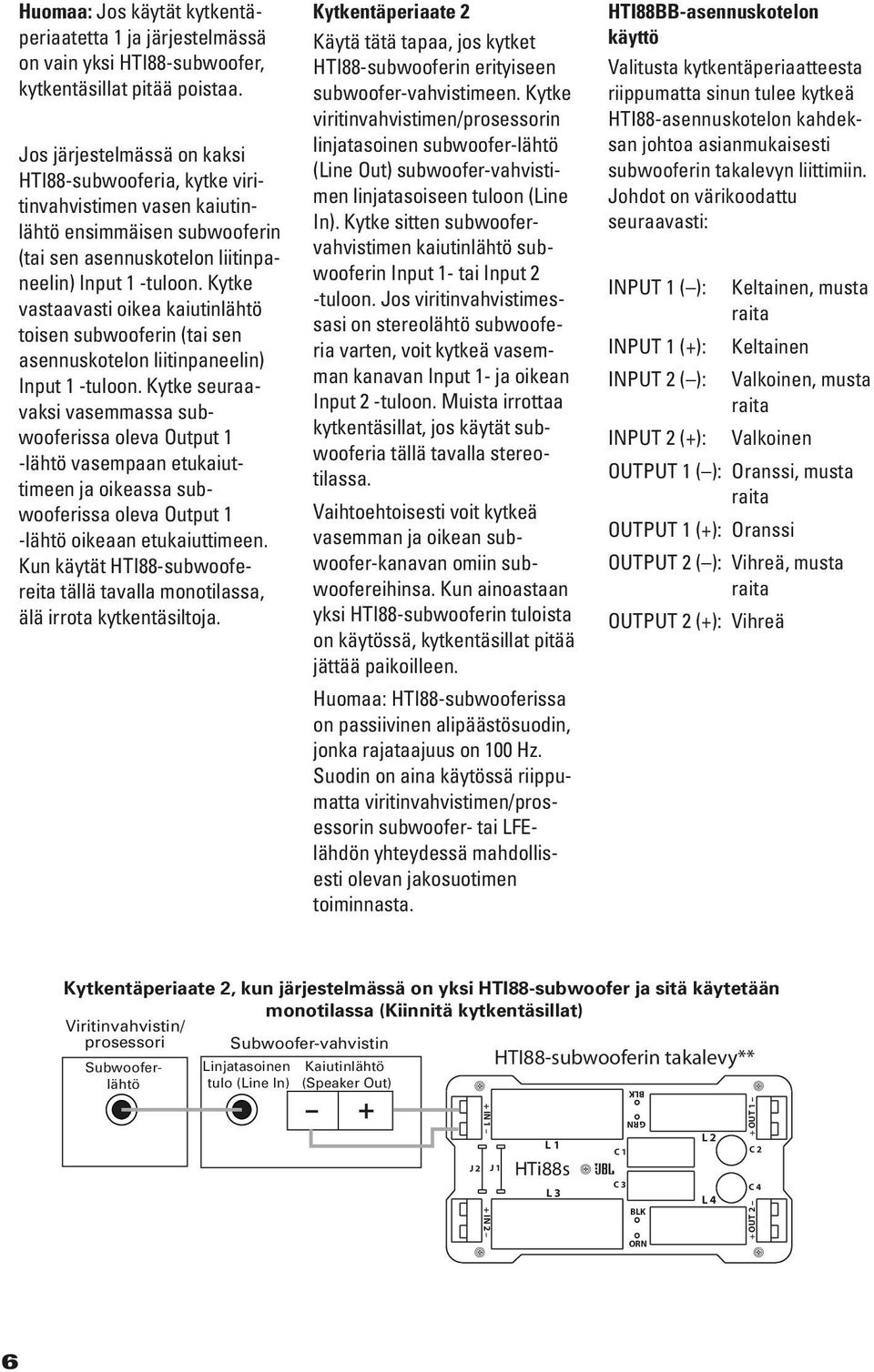 Kytke vastaavasti oikea kaiutinlähtö toisen subwooferin (tai sen asennuskotelon liitinpaneelin) Input 1 -tuloon.