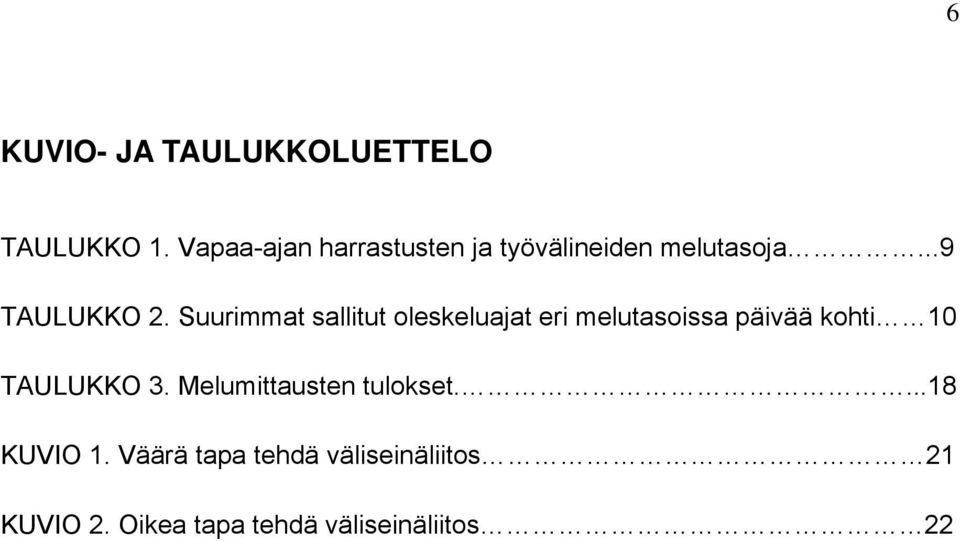 Suurimmat sallitut oleskeluajat eri melutasoissa päivää kohti 10 TAULUKKO 3.