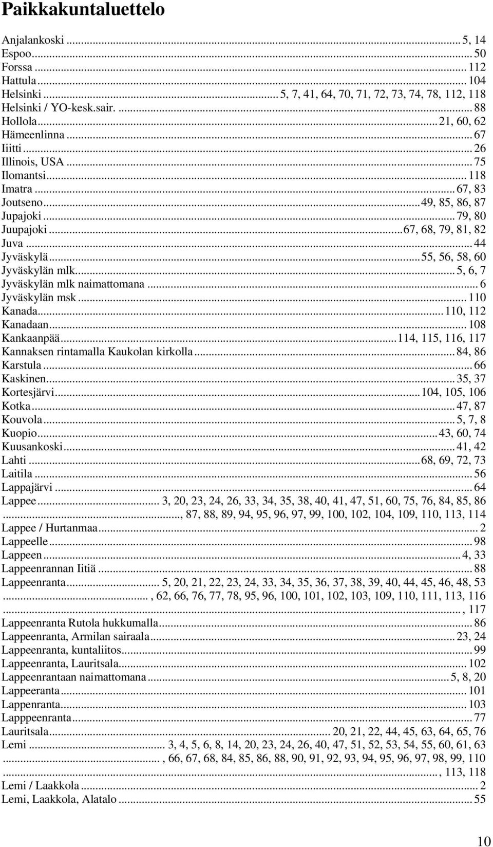 ..55, 56, 58, 60 Jyväskylän mlk... 5, 6, 7 Jyväskylän mlk naimattomana... 6 Jyväskylän msk... 110 Kanada...110, 112 Kanadaan... 108 Kankaanpää.