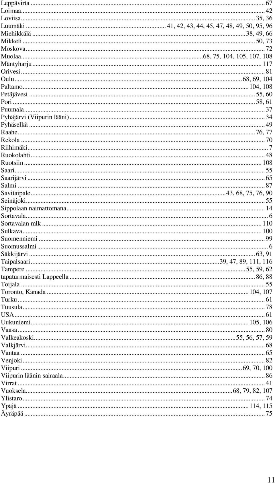 .. 49 Raahe... 76, 77 Rekola... 70 Riihimäki... 7 Ruokolahti... 48 Ruotsiin... 108 Saari... 55 Saarijärvi... 65 Salmi... 87 Savitaipale...43, 68, 75, 76, 90 Seinäjoki... 55 Sippolaan naimattomana.