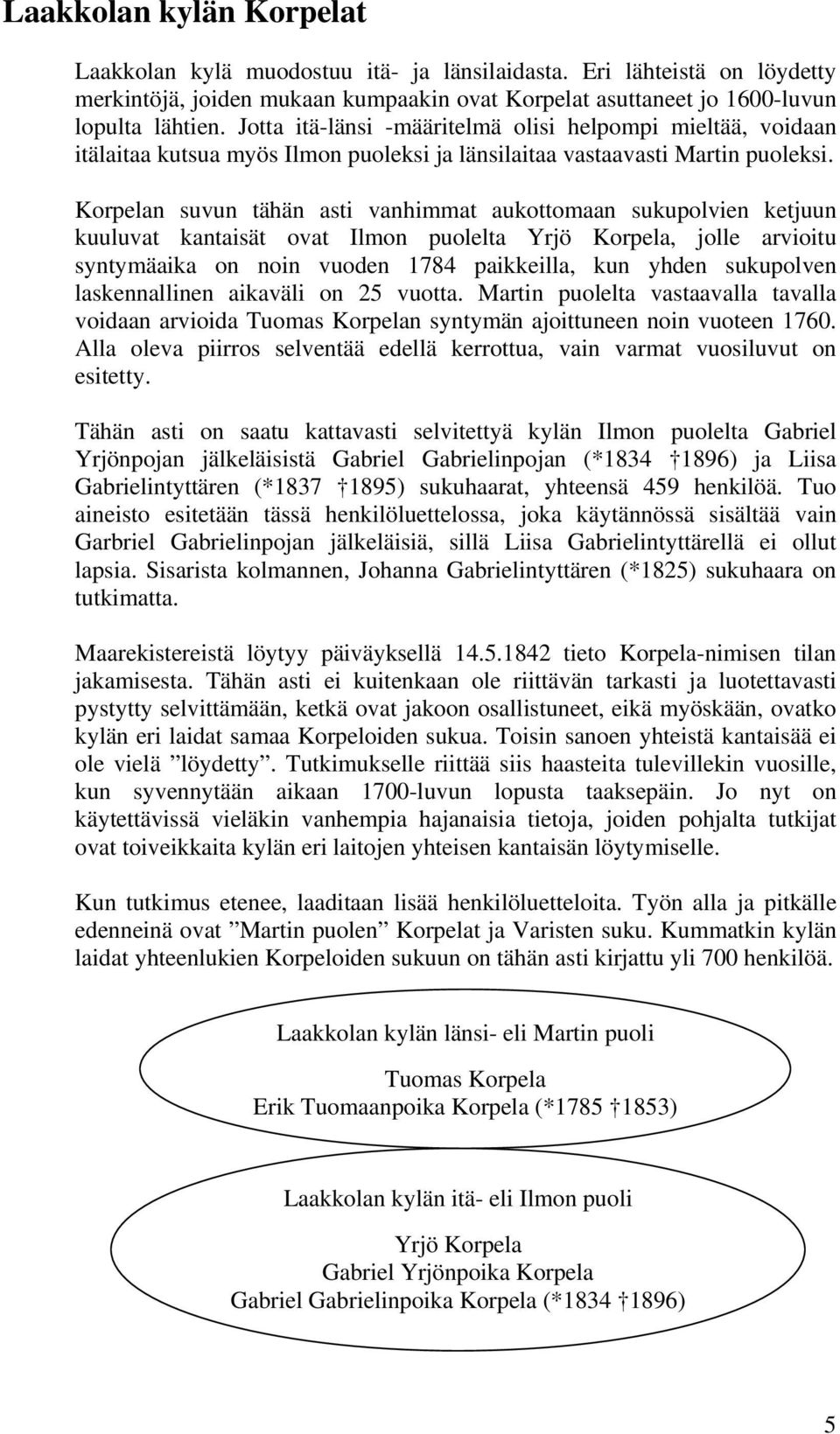 Korpelan suvun tähän asti vanhimmat aukottomaan sukupolvien ketjuun kuuluvat kantaisät ovat Ilmon puolelta Yrjö Korpela, jolle arvioitu syntymäaika on noin vuoden 1784 paikkeilla, kun yhden