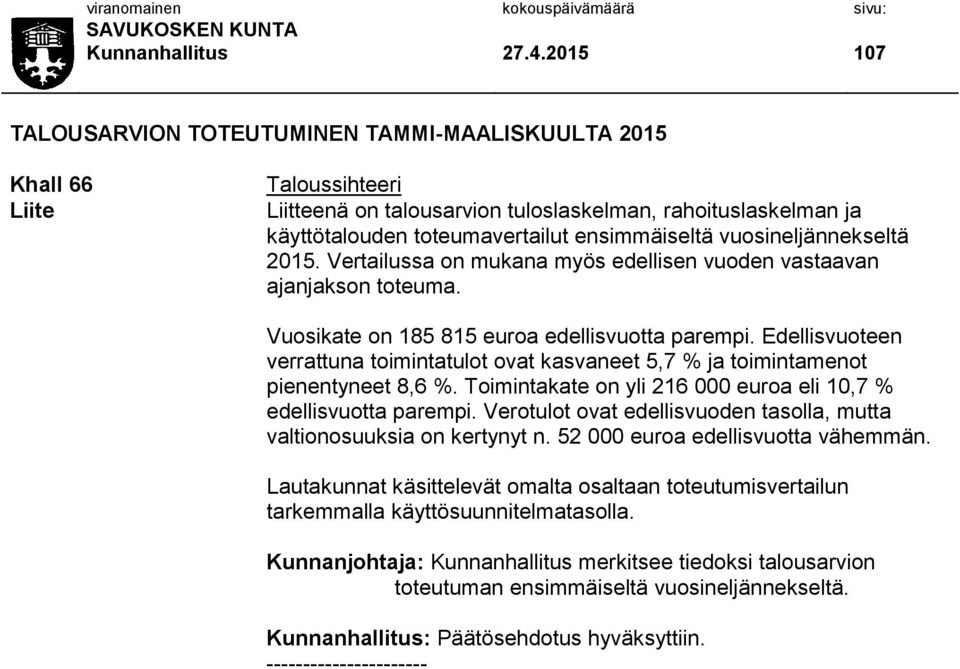 vuosineljännekseltä 2015. Vertailussa on mukana myös edellisen vuoden vastaavan ajanjakson toteuma. Vuosikate on 185 815 euroa edellisvuotta parempi.