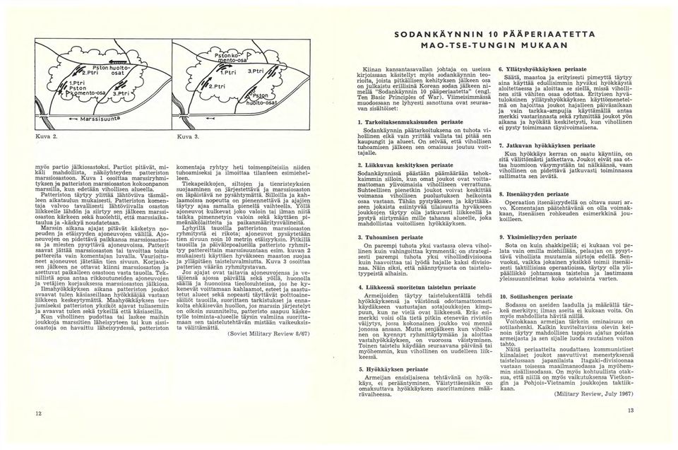 Kuva 1 osoittaa marssiryhmityksen ja patteriston marssiosaston kokoonpanon marssilla, kun edetään vihollisen alueella. Patteriston täytyy ylittää lähtöviiva täsmälleen aikataulun mukaisesti.