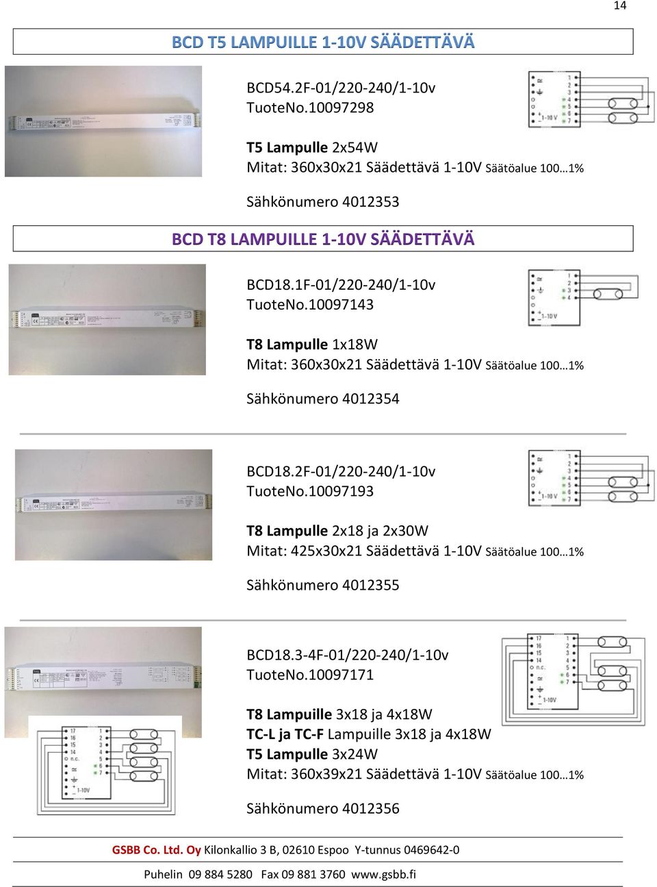 10097143 T8 Lampulle 1x18W Mitat: 360x30x21 Säädettävä 1-10V Säätöalue 100 1% Sähkönumero 4012354 BCD18.2F-01/220-240/1-10v TuoteNo.