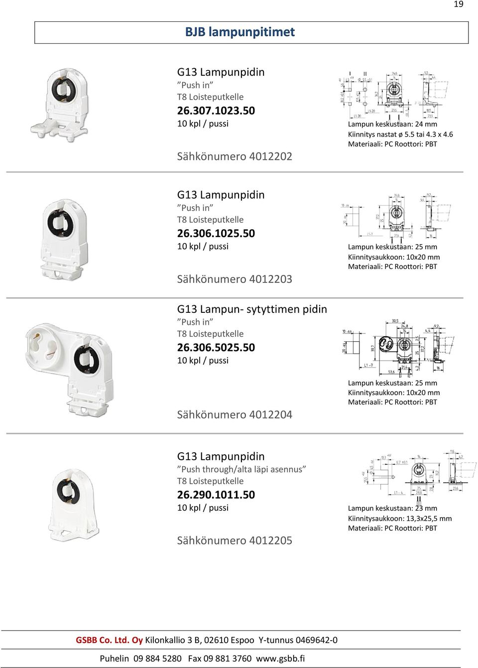 50 10 kpl / pussi Lampun keskustaan: 25 mm Kiinnitysaukkoon: 10x20 mm Sähkönumero 4012203 G13 Lampun- sytyttimen pidin Push in 26.306.5025.