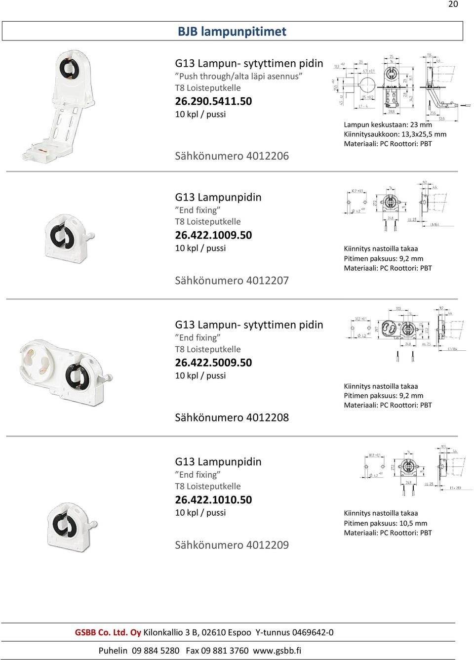 50 10 kpl / pussi Kiinnitys nastoilla takaa Pitimen paksuus: 9,2 mm Sähkönumero 4012207 G13 Lampun- sytyttimen pidin End fixing 26.422.5009.