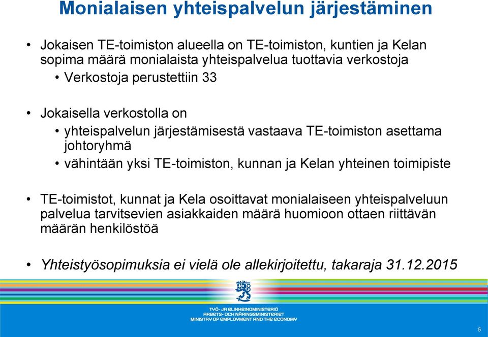johtoryhmä vähintään yksi TE-toimiston, kunnan ja Kelan yhteinen toimipiste TE-toimistot, kunnat ja Kela osoittavat monialaiseen yhteispalveluun