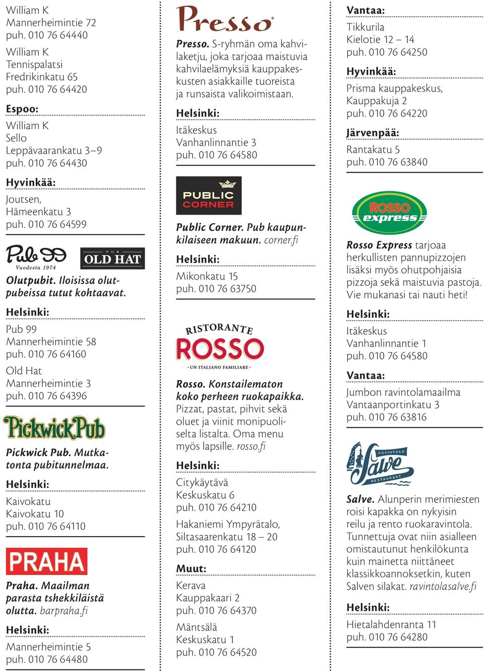 Kaivokatu Kaivokatu 10 puh. 010 76 64110 Praha. Maailman parasta tshekkiläistä olutta. barpraha.fi Mannerheimintie 5 puh. 010 76 64480 Presso.