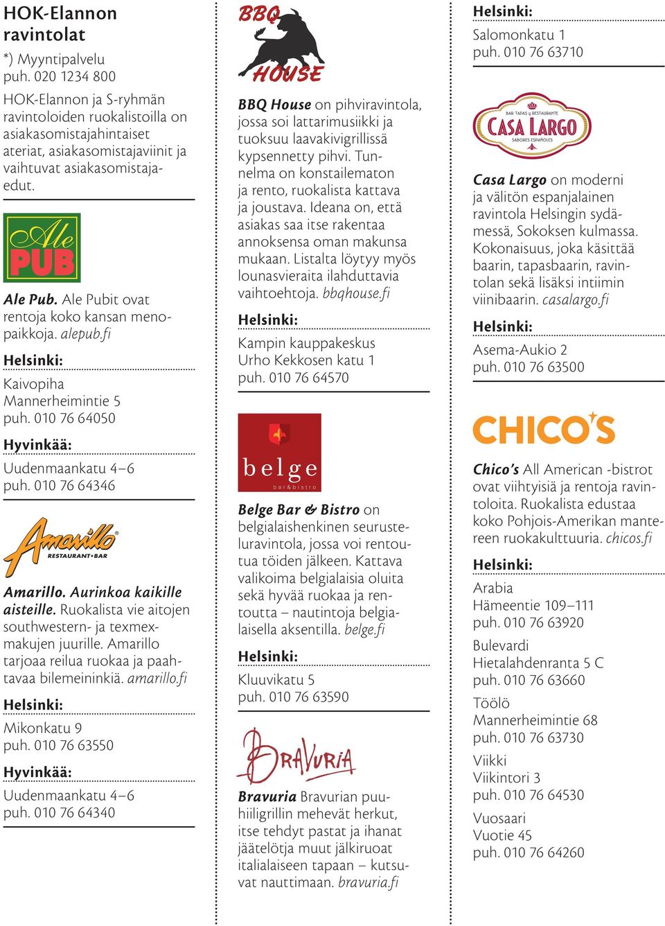 Ale Pubit ovat rentoja koko kansan menopaikkoja. alepub.fi Kaivopiha Mannerheimintie 5 puh. 010 76 64050 Hyvinkää: Uudenmaankatu 4 6 puh. 010 76 64346 Amarillo. Aurinkoa kaikille aisteille.