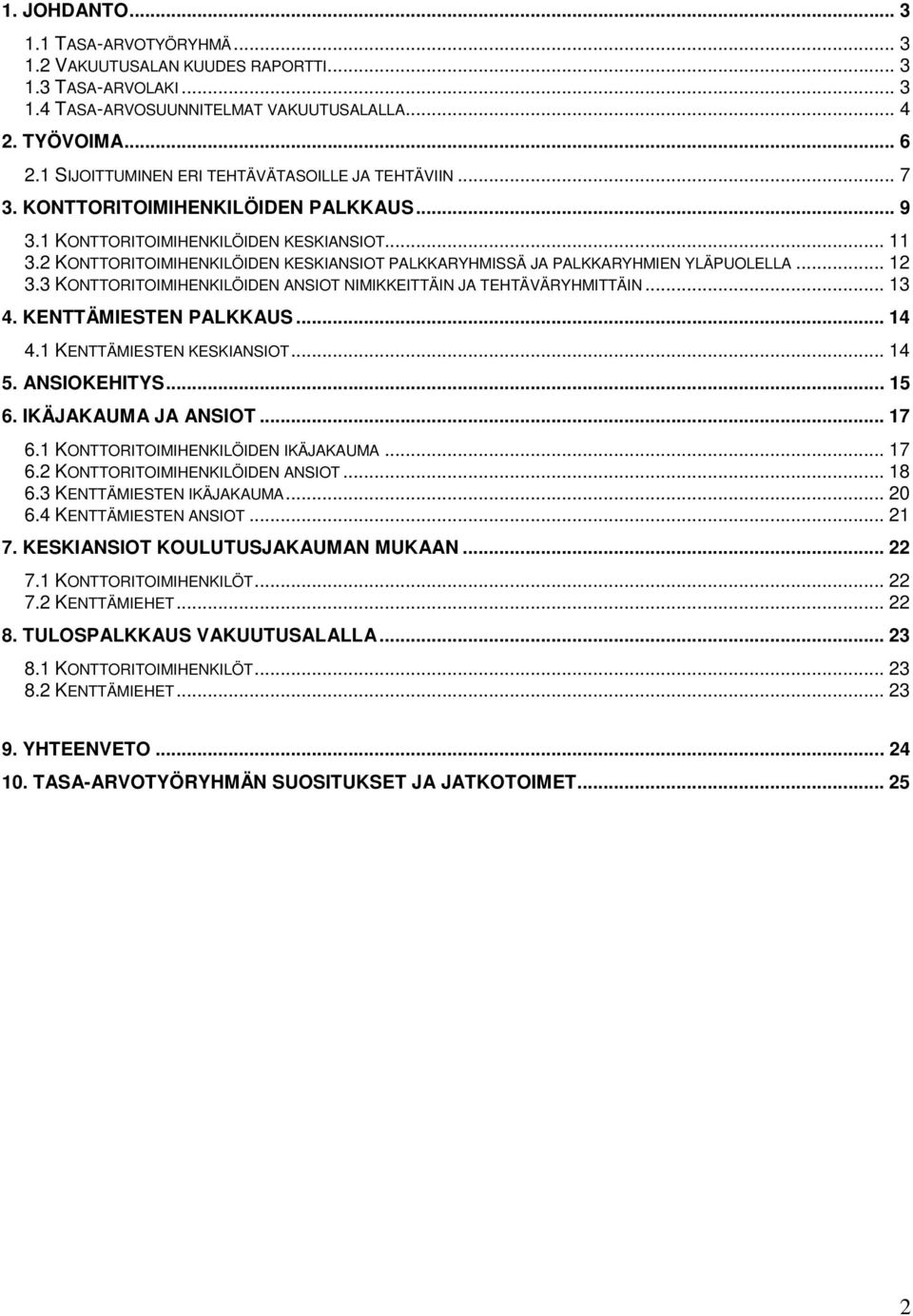 2 KONTTORITOIMIHENKILÖIDEN KESKIANSIOT PALKKARYHMISSÄ JA PALKKARYHMIEN YLÄPUOLELLA... 12 3.3 KONTTORITOIMIHENKILÖIDEN ANSIOT NIMIKKEITTÄIN JA TEHTÄVÄRYHMITTÄIN... 13 4. KENTTÄMIESTEN PALKKAUS... 14 4.