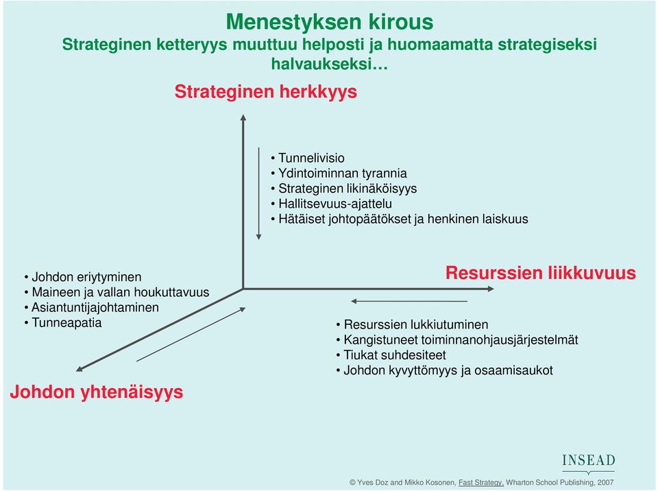 laiskuus Johdon eriytyminen Maineen ja vallan houkuttavuus Asiantuntijajohtaminen Tunneapatia Johdon yhtenäisyys Resurssien