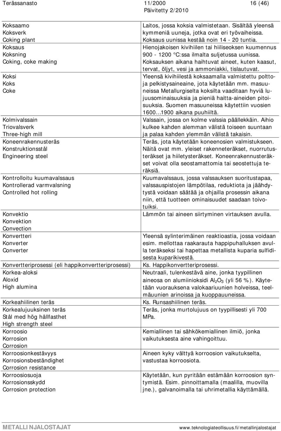 happikonvertteriprosessi) Korkea-aloksi Aloxid High alumina Korkeahiilinen teräs Korkealujuuksinen teräs Stål med hög hållfasthet High strength steel Korroosio Korrosion Corrosion Korroosionkestävyys