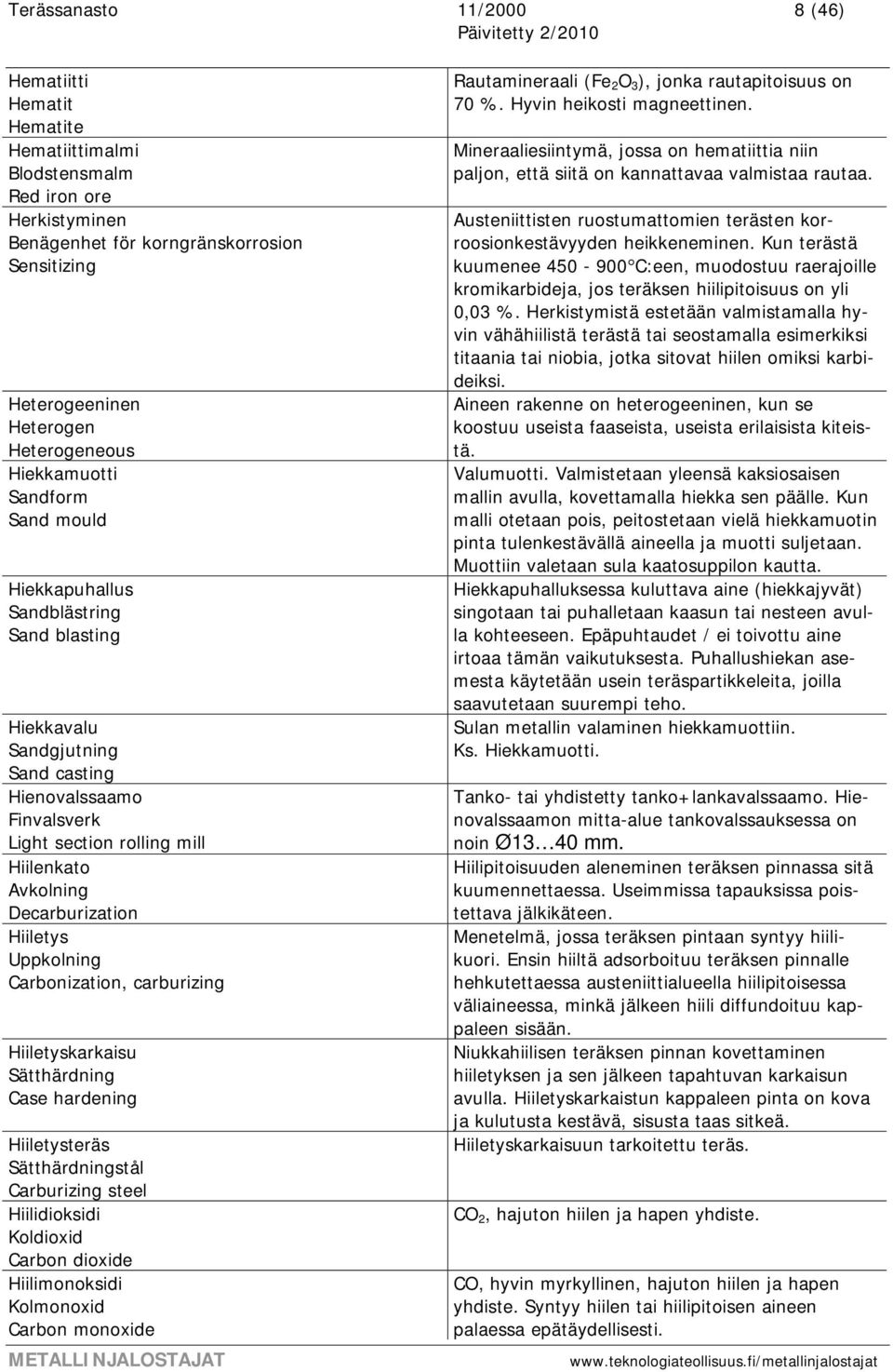 Decarburization Hiiletys Uppkolning Carbonization, carburizing Hiiletyskarkaisu Sätthärdning Case hardening Hiiletysteräs Sätthärdningstål Carburizing steel Hiilidioksidi Koldioxid Carbon dioxide