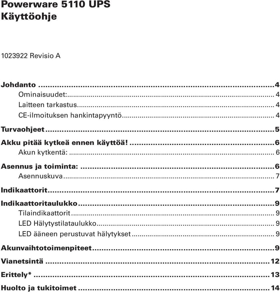 ..6 Asennuskuva... 7 Indikaattorit...7 Indikaattoritaulukko...9 Tilaindikaattorit... 9 LED Hälytystilataulukko.