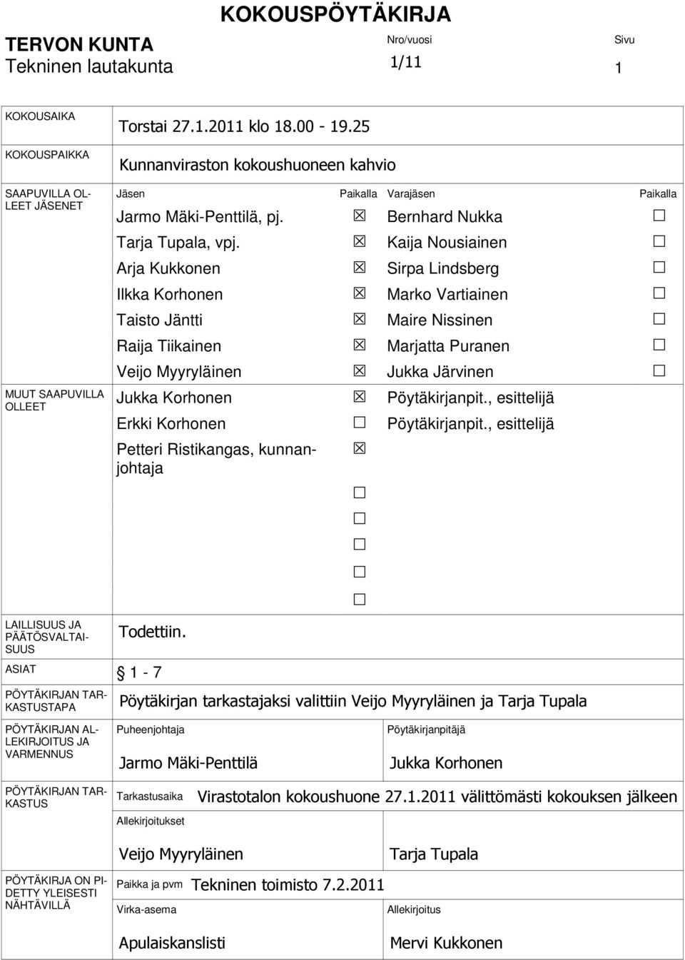 Arja Kukkonen Ilkka Korhonen Taisto Jäntti Raija Tiikainen Veijo Myyryläinen Jukka Korhonen Erkki Korhonen Petteri Ristikangas, kunnanjohtaja Bernhard Nukka Kaija Nousiainen Sirpa Lindsberg Marko