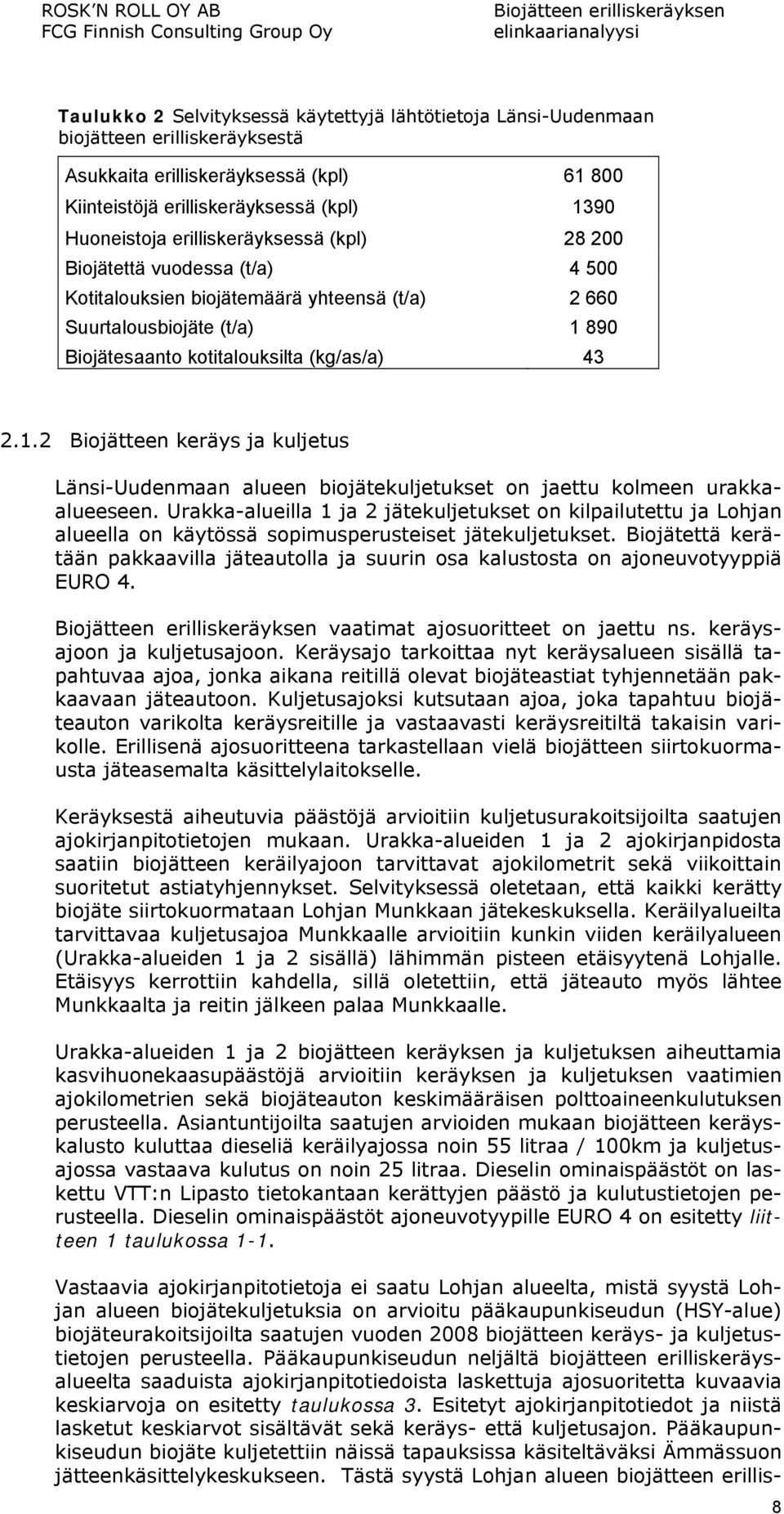 890 Biojätesaanto kotitalouksilta (kg/as/a) 43 2.1.2 Biojätteen keräys ja kuljetus Länsi-Uudenmaan alueen biojätekuljetukset on jaettu kolmeen urakkaalueeseen.