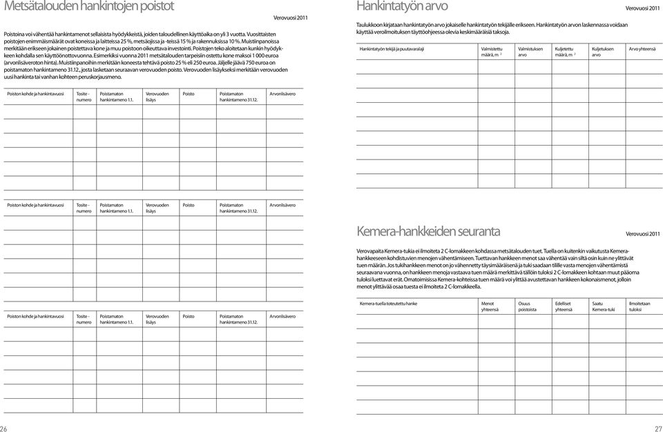 Muistiinpanoissa merkitään erikseen jokainen poistettava kone ja muu poistoon oikeuttava investointi. Poistojen teko aloitetaan kunkin hyödykkeen kohdalla sen käyttöönottovuonna.