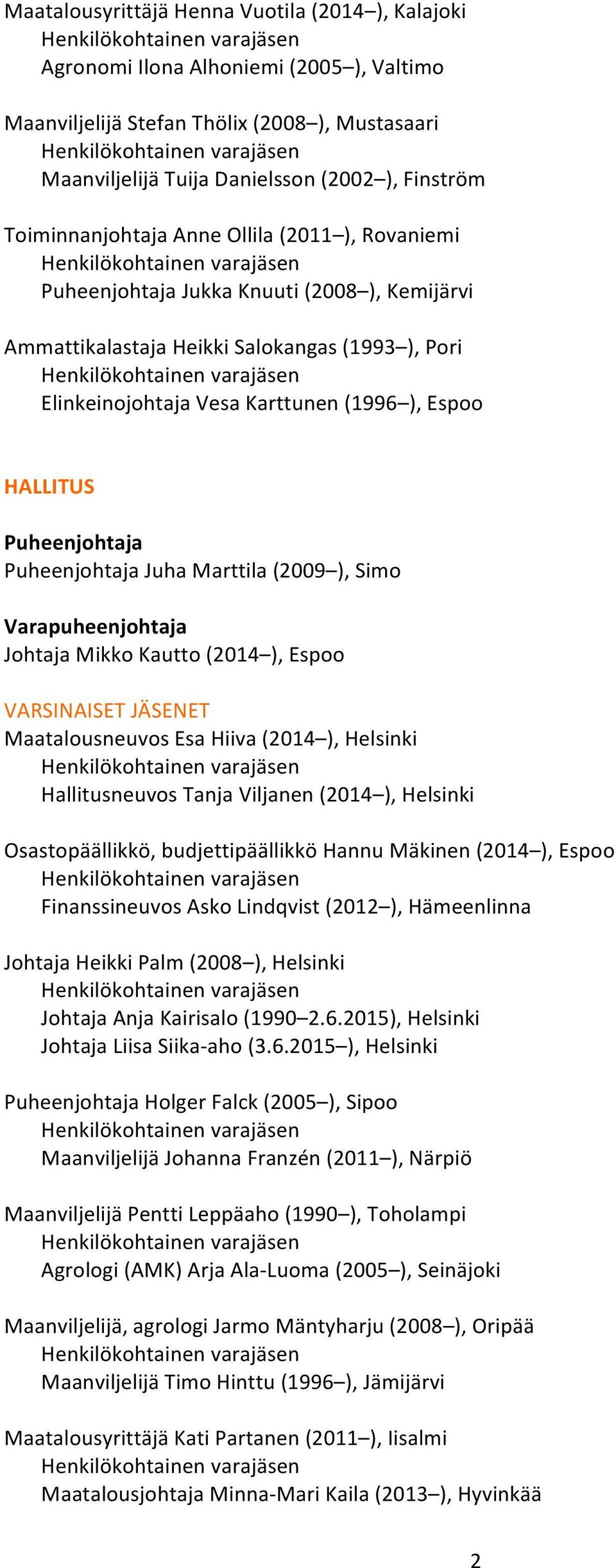 (2009 ), Simo Johtaja Mikko Kautto (2014 ), Espoo VARSINAISET JÄSENET Maatalousneuvos Esa Hiiva (2014 ), Helsinki Hallitusneuvos Tanja Viljanen (2014 ), Helsinki Osastopäällikkö, budjettipäällikkö