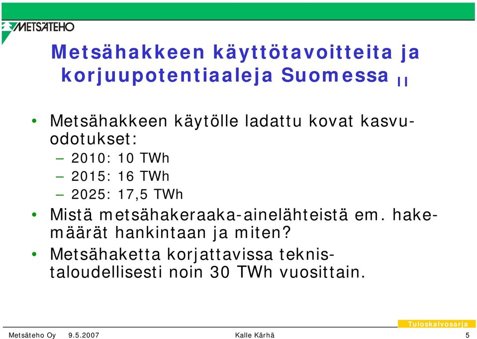 TWh Mistä metsähakeraaka-ainelähteistä em. hakemäärät hankintaan ja miten?