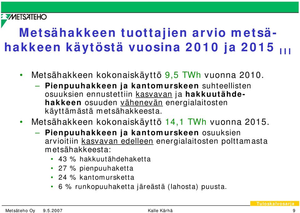 käyttämästä metsähakkeesta. Metsähakkeen kokonaiskäyttö 14,1 TWh vuonna 2015.