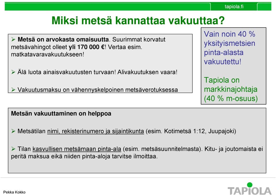 fi Vain noin 40 % yksityismetsien pinta-alasta vakuutettu! Tapiola on markkinajohtaja (40 % m-osuus) Metsätilan nimi, rekisterinumero ja sijaintikunta (esim.