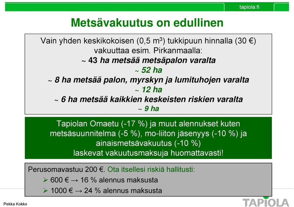 kaikkien keskeisten riskien varalta ~ 9 ha Tapiolan Omaetu (-7 %) ja muut alennukset kuten metsäsuunnitelma (-5 %), mo-liiton jäsenyys