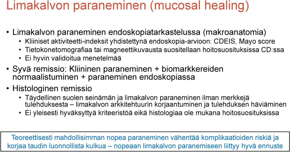 endoskopiassa Histologinen remissio Täydellinen suolen seinämän ja limakalvon paraneminen ilman merkkejä tulehduksesta limakalvon arkkitehtuurin korjaantuminen ja tulehduksen häviäminen Ei yleisesti