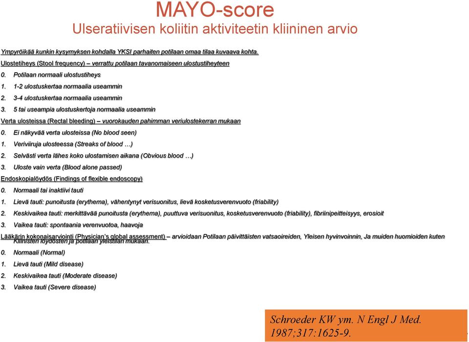 5 tai useampia ulostuskertoja normaalia useammin Verta ulosteissa (Rectal bleeding) vuorokauden pahimman veriulostekerran mukaan 0. Ei näkyvää verta ulosteissa (No blood seen) 1.