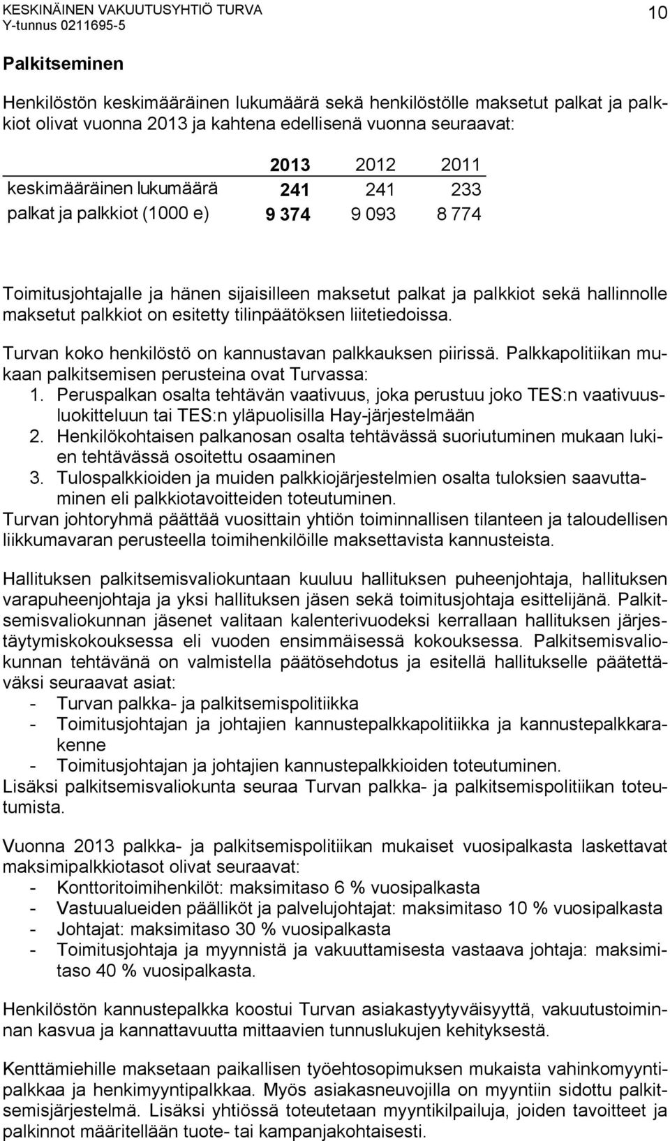 esitetty tilinpäätöksen liitetiedoissa. Turvan koko henkilöstö on kannustavan palkkauksen piirissä. Palkkapolitiikan mukaan palkitsemisen perusteina ovat Turvassa: 1.