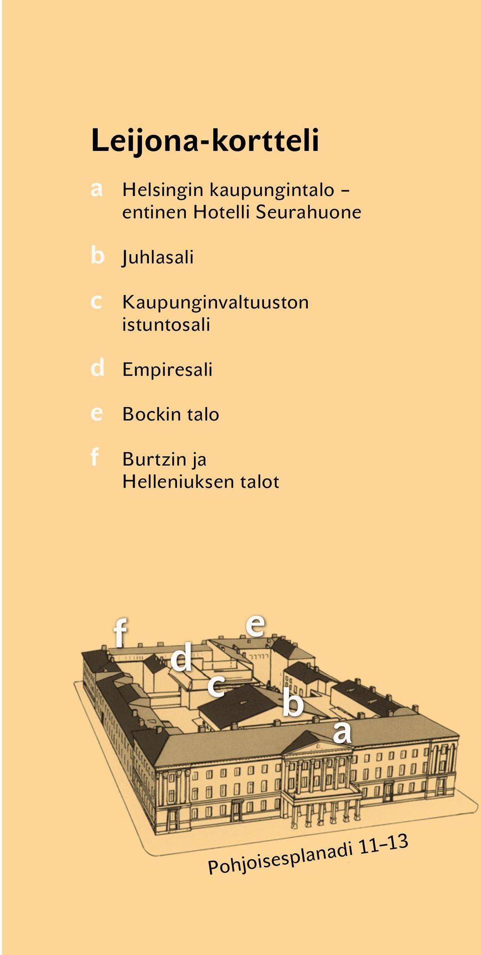 valtuuston istuntosali d Empiresali e Bockin talo f