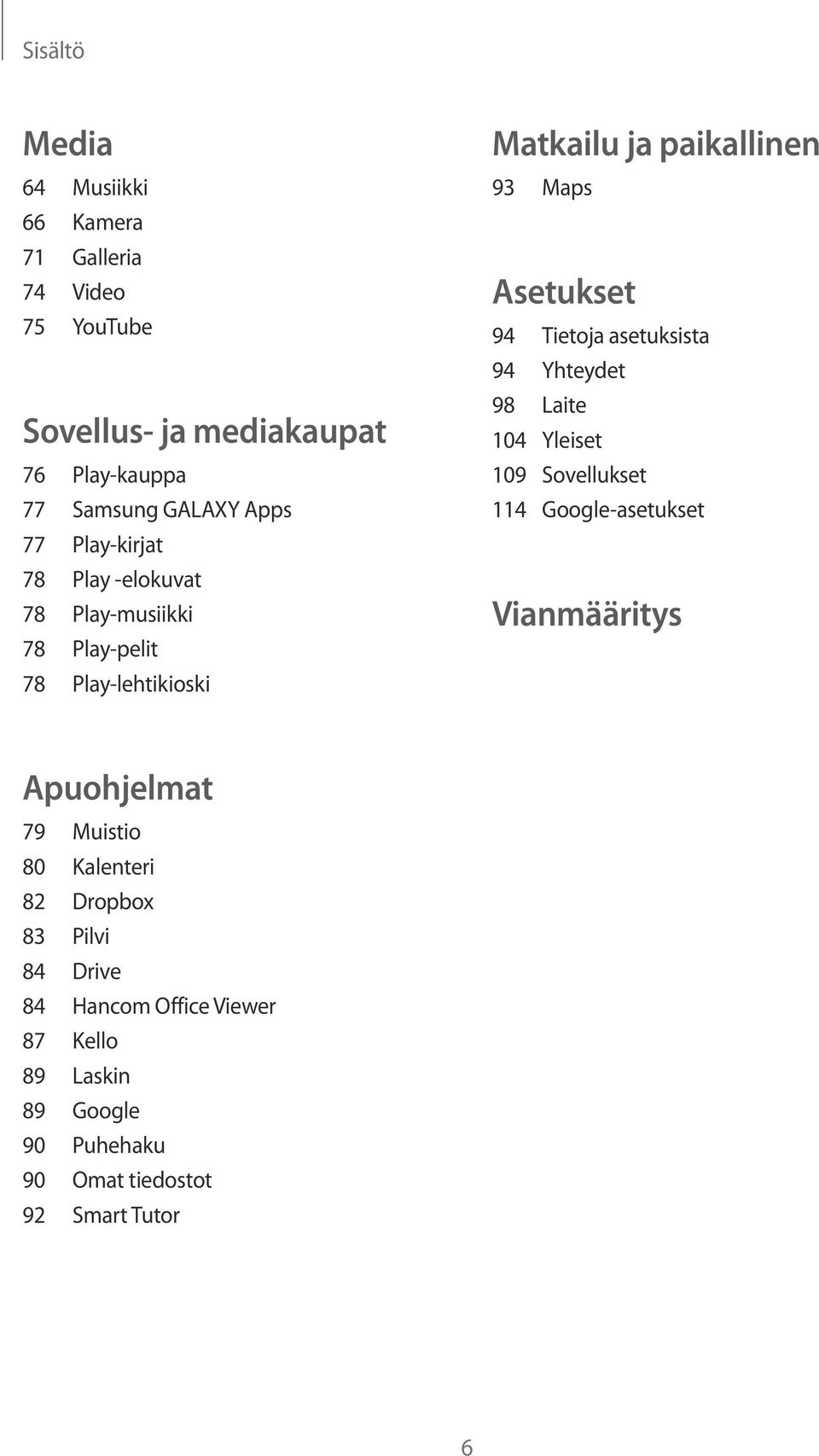 Tietoja asetuksista 94 Yhteydet 98 Laite 104 Yleiset 109 Sovellukset 114 Google-asetukset Vianmääritys Apuohjelmat 79 Muistio 80