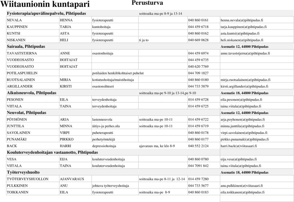 fi NISKANEN HELI fysioterapeutti ti ja to 040 669 0628 heli.niskanen(at)pihtipudas.fi Sairaala, Pihtipudas Asematie 12, 44800 Pihtipudas TAVASTSTJERNA ANNE osastonhoitaja 044 459 6974 anne.