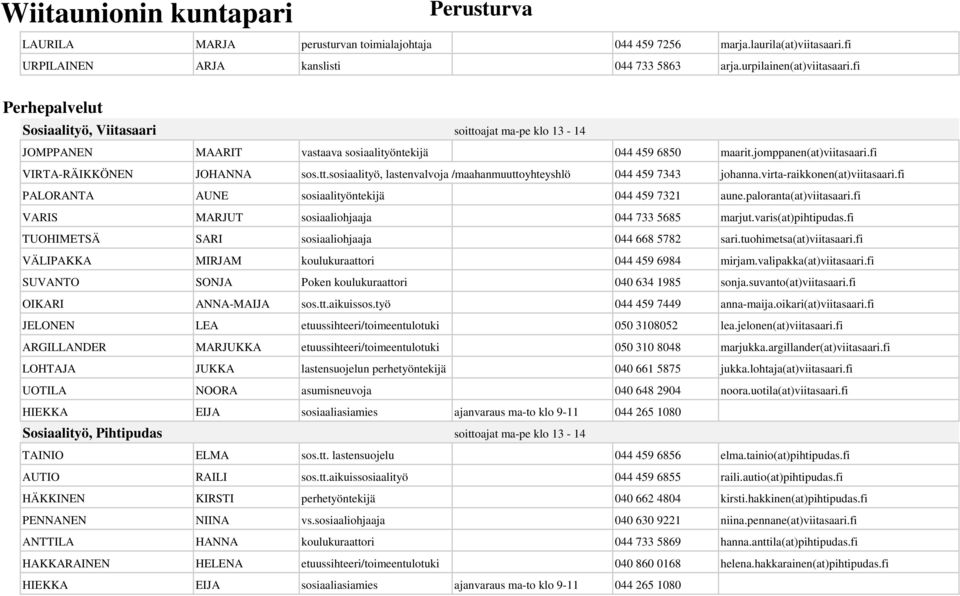 virta-raikkonen(at)viitasaari.fi PALORANTA AUNE sosiaalityöntekijä 044 459 7321 aune.paloranta(at)viitasaari.fi VARIS MARJUT sosiaaliohjaaja 044 733 5685 marjut.varis(at)pihtipudas.