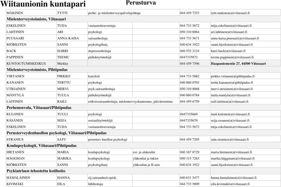 fi BJÖRKSTEN SANNI psykologiharj. 040 634 1922 sanni.bjorksten(at)viitasaari.fi BACK HARRI depressiohoitaja 040 552 2124 harri.back(at)viitasaari.fi PAPPINEN TEEMU päihdetyöntekijä 0447335872 teemu.