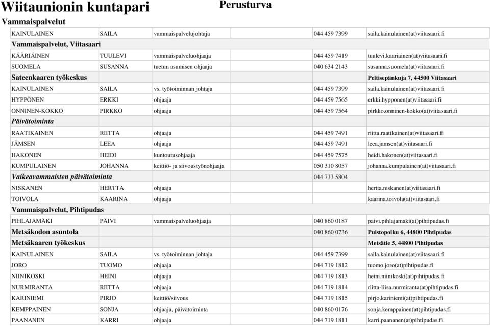 suomela(at)viitasaari.fi Sateenkaaren työkeskus Peltisepänkuja 7, 44500 Viitasaari KAINULAINEN SAILA vs. työtoiminnan johtaja 044 459 7399 saila.kainulainen(at)viitasaari.