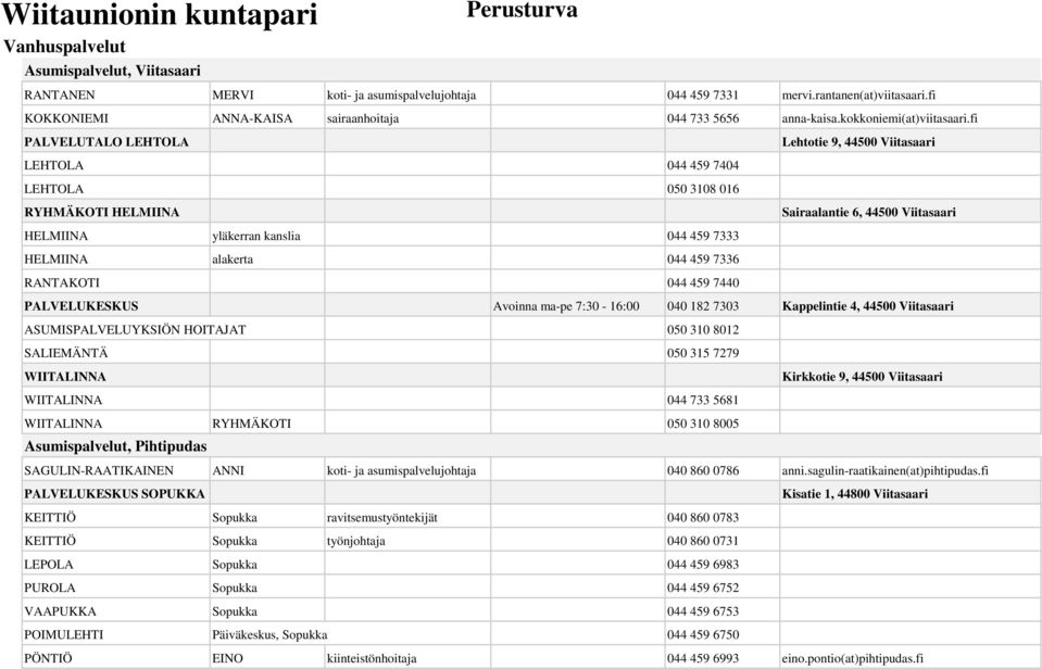 fi PALVELUTALO LEHTOLA Lehtotie 9, 44500 Viitasaari LEHTOLA 044 459 7404 LEHTOLA 050 3108 016 RYHMÄKOTI HELMIINA Sairaalantie 6, 44500 Viitasaari HELMIINA yläkerran kanslia 044 459 7333 HELMIINA