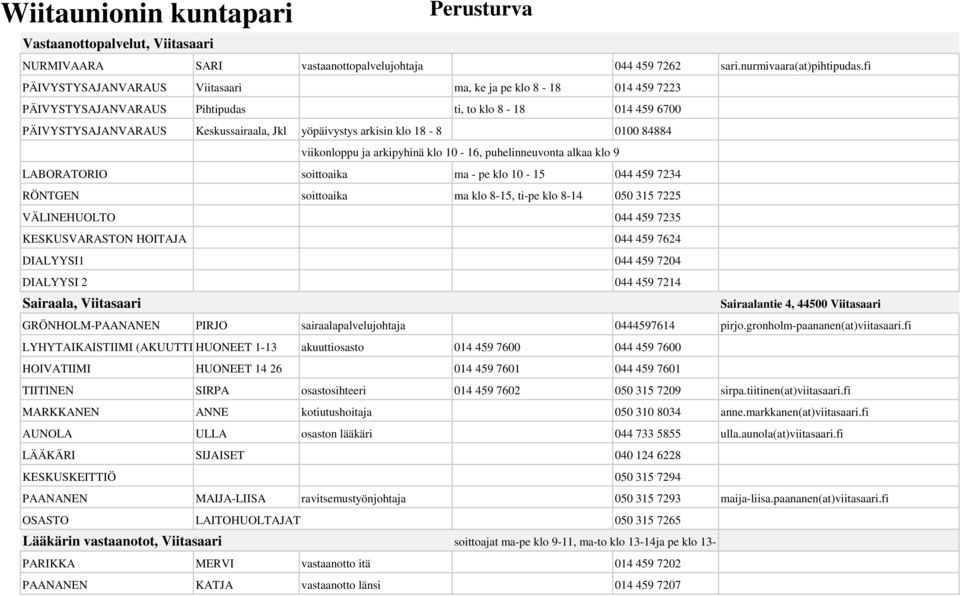 0100 84884 viikonloppu ja arkipyhinä klo 10-16, puhelinneuvonta alkaa klo 9 LABORATORIO soittoaika ma - pe klo 10-15 044 459 7234 RÖNTGEN soittoaika ma klo 8-15, ti-pe klo 8-14 050 315 7225