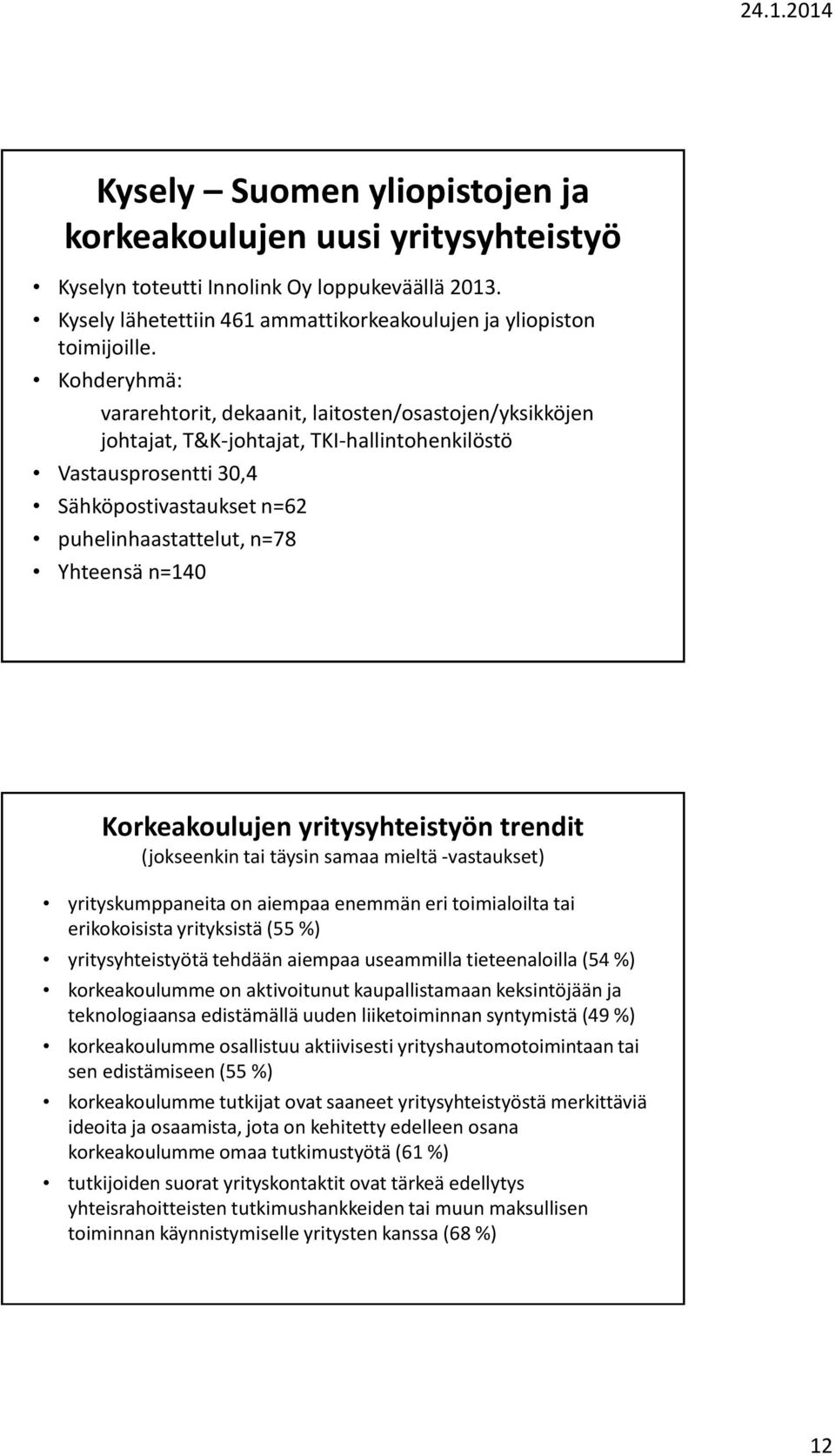 n=140 Korkeakoulujen yritysyhteistyön trendit (jokseenkin tai täysin samaa mieltä -vastaukset) yrityskumppaneita on aiempaa enemmän eri toimialoilta tai erikokoisista yrityksistä (55 %)