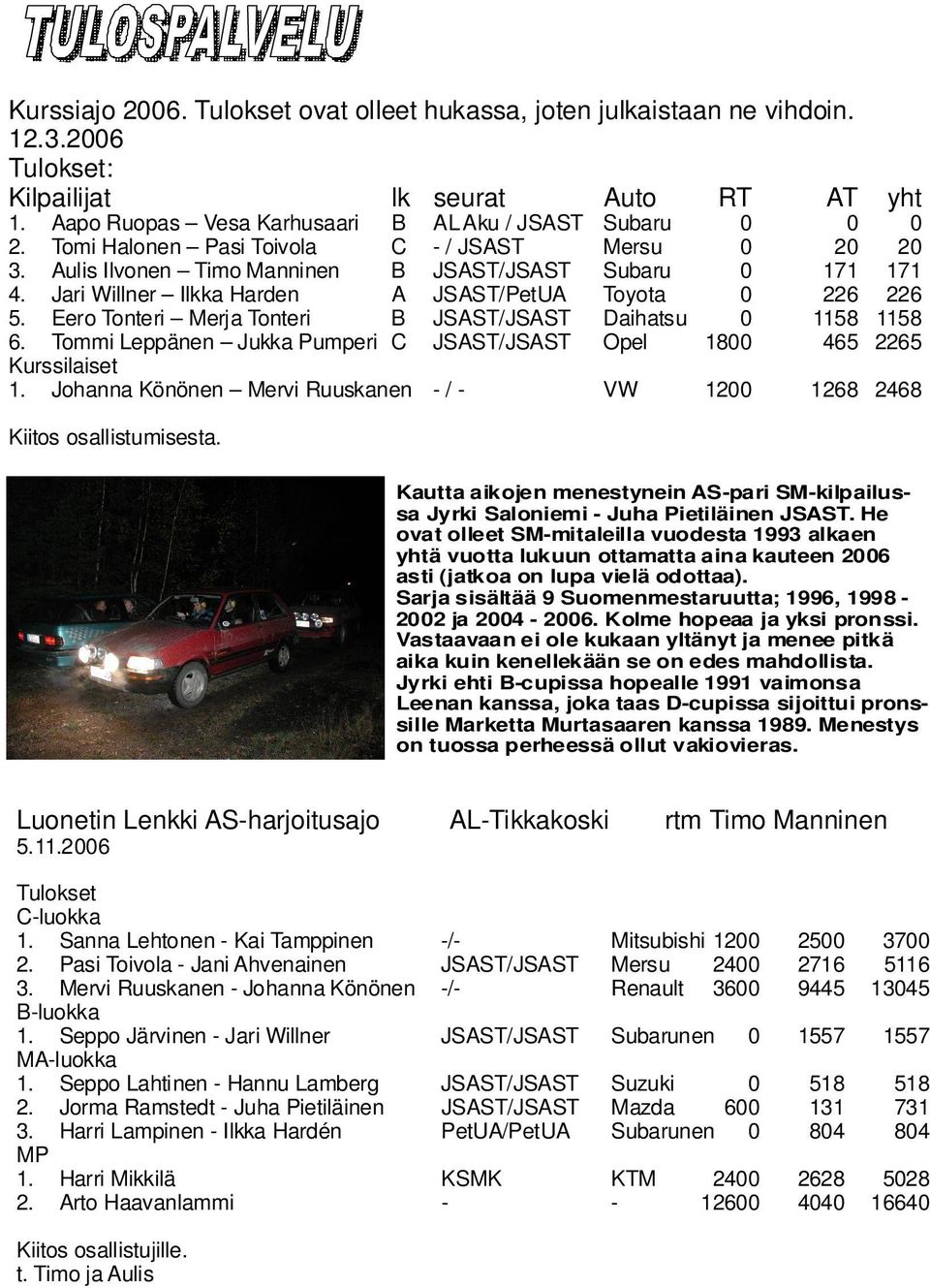 Eero Tonteri Merja Tonteri B JSAST/JSAST Daihatsu 0 1158 1158 6. Tommi Leppänen Jukka Pumperi C JSAST/JSAST Opel 1800 465 2265 Kurssilaiset 1.