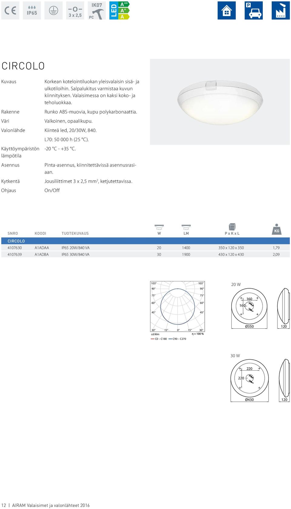 Pinta-asennus, kiinnitettävissä asennusrasiaan. Jousiliittimet 3 x 2,5 mm 2, ketjutettavissa.