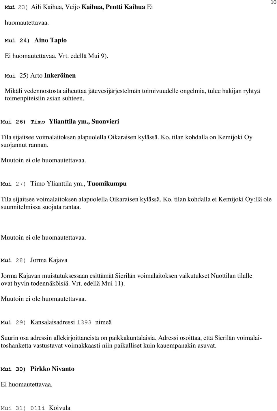 , Suonvieri Tila sijaitsee voimalaitoksen alapuolella Oikaraisen kylässä. Ko. tilan kohdalla on Kemijoki Oy suojannut rannan. Mui 27) Timo Ylianttila ym.