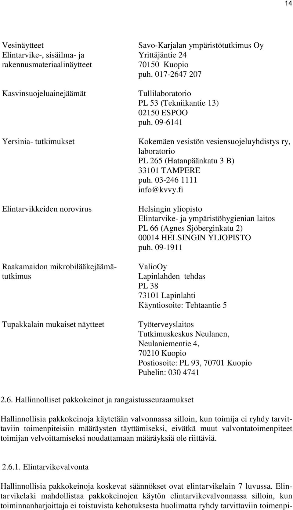 02150 ESPOO puh. 09-6141 Kokemäen vesistön vesiensuojeluyhdistys ry, laboratorio PL 265 (Hatanpäänkatu 3 B) 33101 TAMPERE puh. 03-246 1111 info@kvvy.