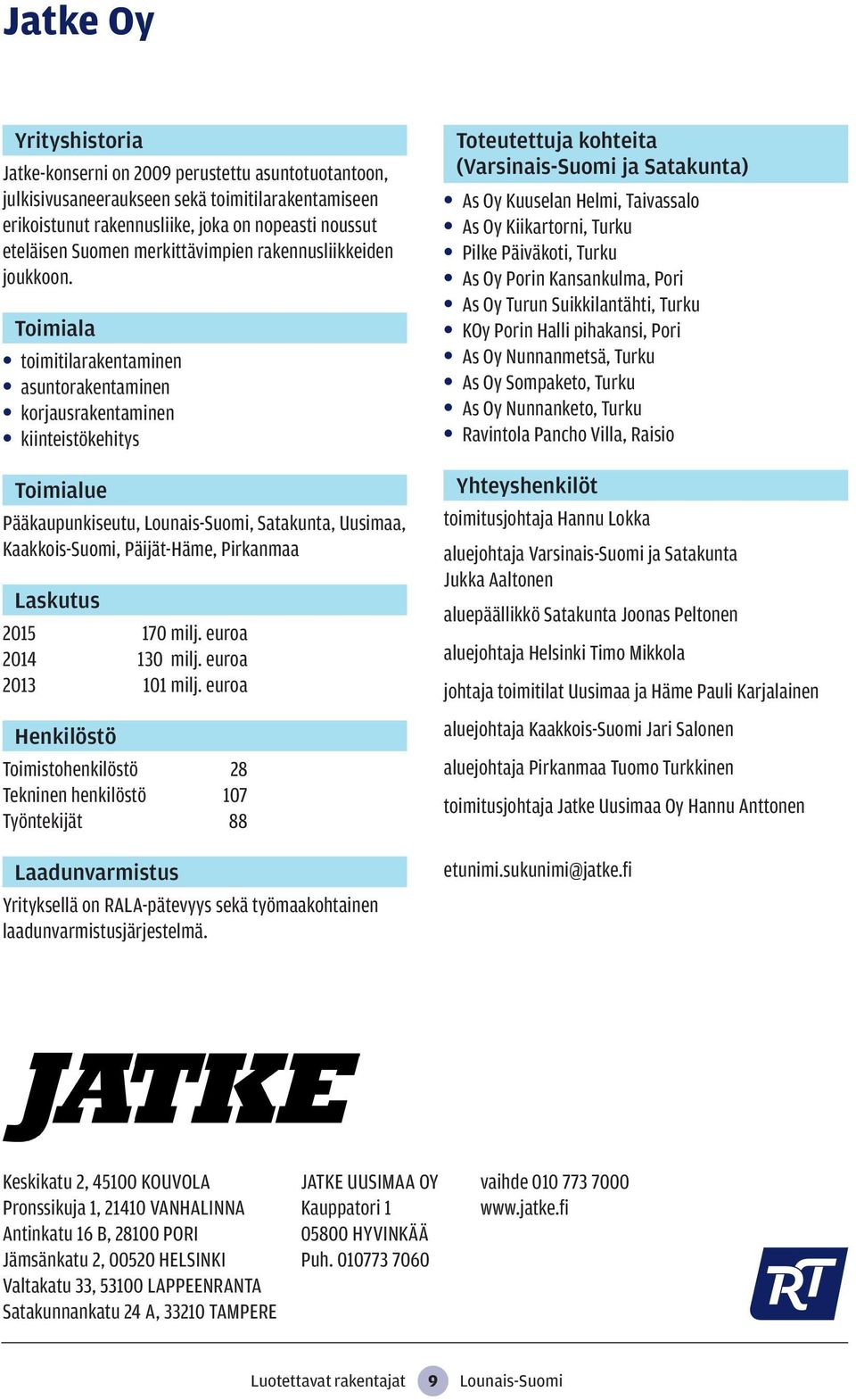 euroa 2013 101 milj. euroa Toimistohenkilöstö 28 Tekninen henkilöstö 107 Työntekijät 88 Yrityksellä on RALA-pätevyys sekä työmaakohtainen laadunvarmistusjärjestelmä.