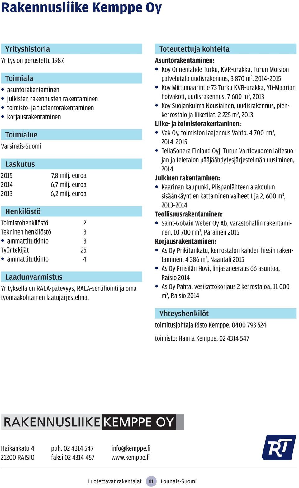 Asuntorakentaminen: Koy Onnenlähde Turku, KVR-urakka, Turun Moision palvelutalo uudisrakennus, 3 870 m 3, 2014 2015 Koy Mittumaarintie 73 Turku KVR-urakka, Yli-Maarian hoivakoti, uudisrakennus, 7 600