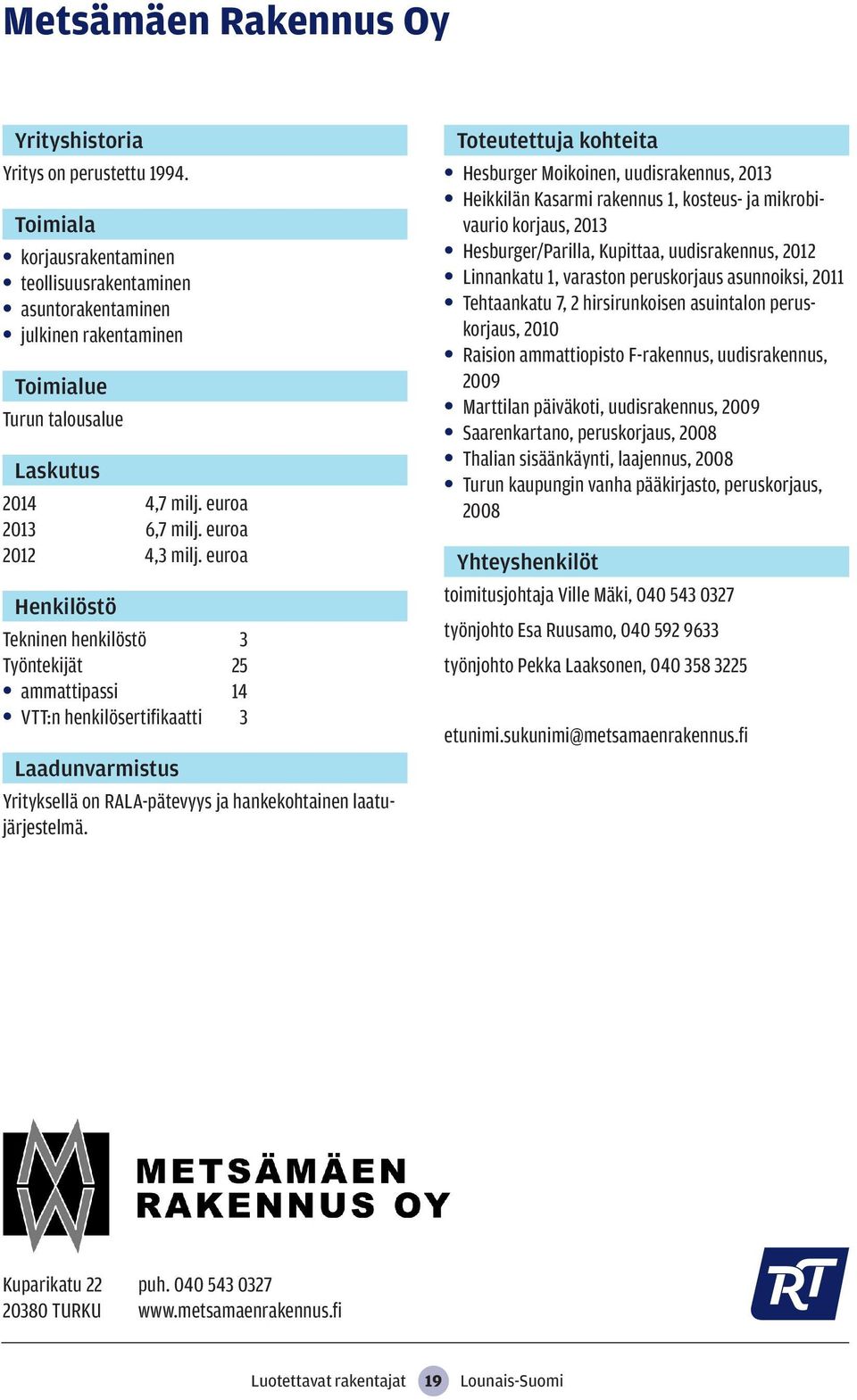 Hesburger Moikoinen, uudisrakennus, 2013 Heikkilän Kasarmi rakennus 1, kosteus- ja mikrobivaurio korjaus, 2013 Hesburger/Parilla, Kupittaa, uudisrakennus, 2012 Linnankatu 1, varaston peruskorjaus