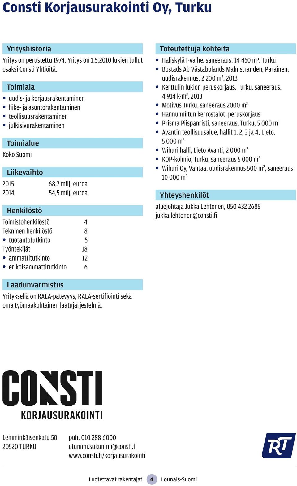 euroa Toimistohenkilöstö 4 Tekninen henkilöstö 8 tuotantotutkinto 5 Työntekijät 18 ammattitutkinto 12 erikoisammattitutkinto 6 Haliskylä I-vaihe, saneeraus, 14 450 m³, Turku Bostads Ab Väståbolands