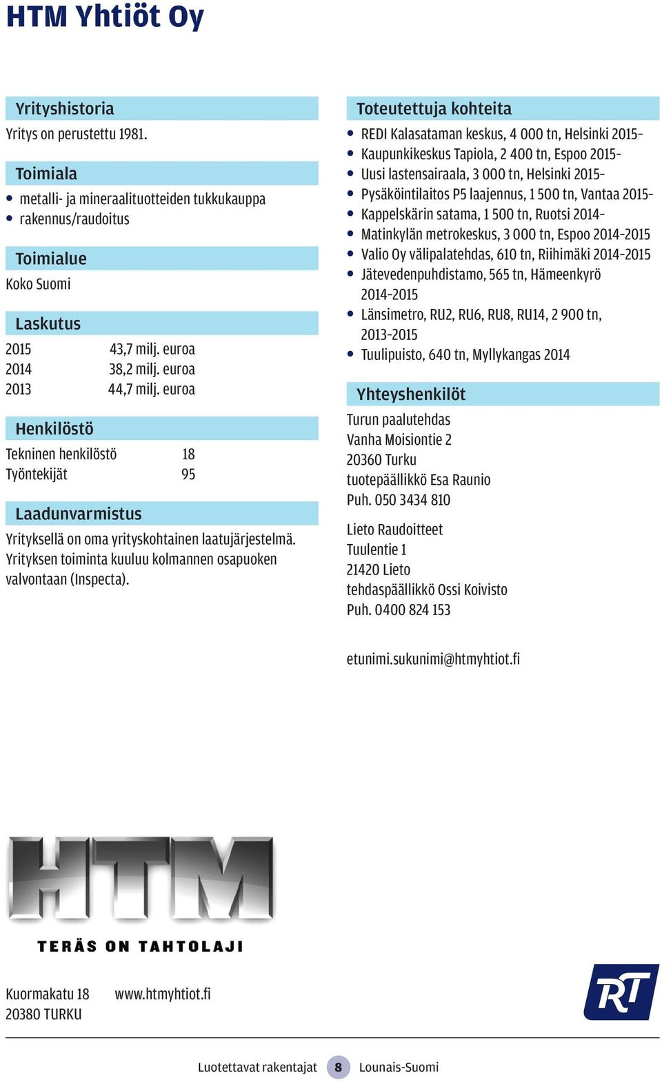 REDI Kalasataman keskus, 4 000 tn, Helsinki 2015 Kaupunkikeskus Tapiola, 2 400 tn, Espoo 2015 Uusi lastensairaala, 3 000 tn, Helsinki 2015 Pysäköintilaitos P5 laajennus, 1 500 tn, Vantaa 2015